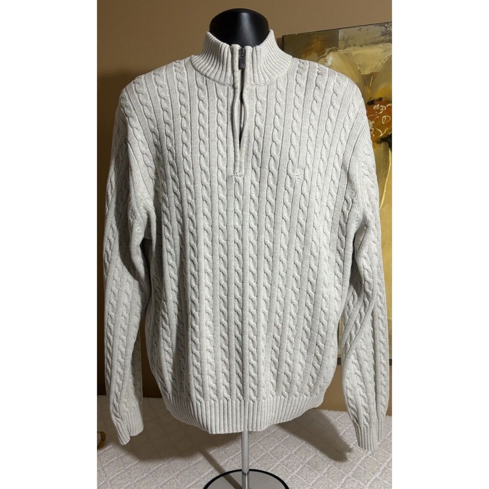 Izod Men’s High Neck 1/4 Zip Cable Knit Beige XL Sweater